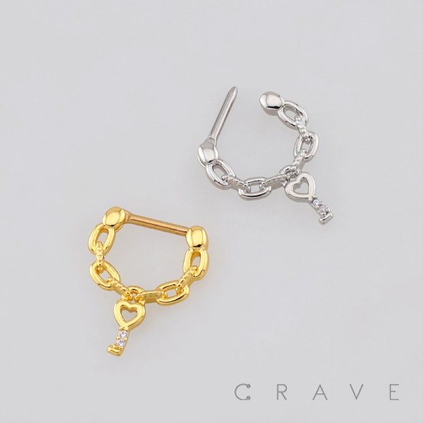CHAIN LINKED DANGLING HEART KEY DESIGN SEPTUM CLICKER RING 316L SURGICAL STEEL